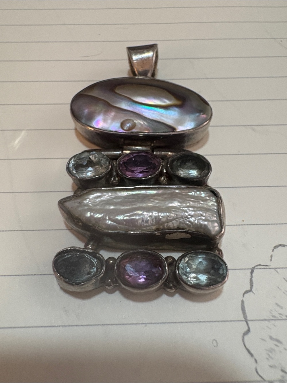 Sterling Silver Mabe Pearl & Multistone Pendant in Iridescent and Purple